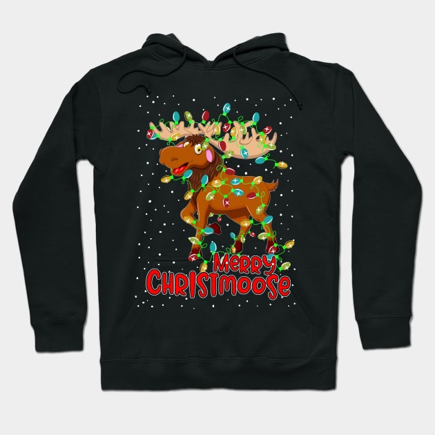 Merry Christmoose Funny Christmas Moose Xmas Tree Lights Hoodie by johnbbmerch